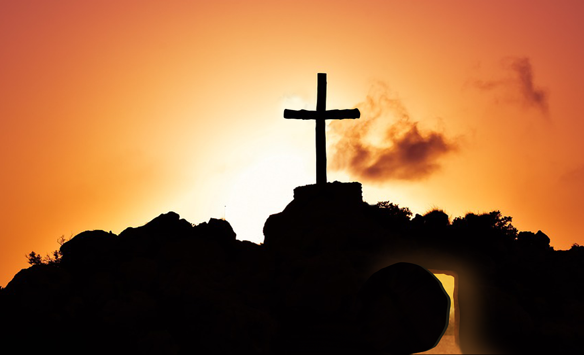 Silhouette of cross on a hill with empty tomb below