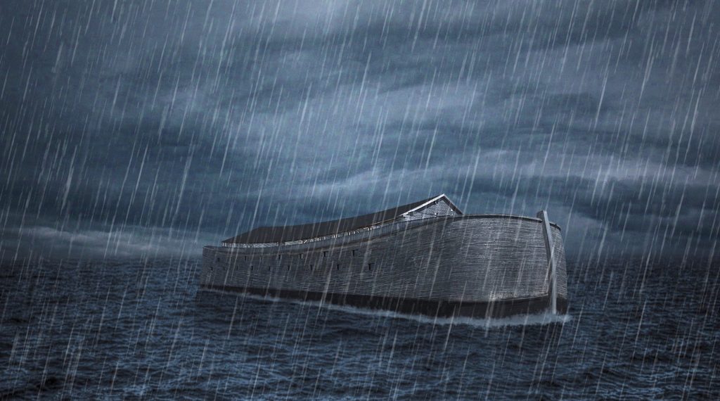 Noah's ark floats on the water as rain falls